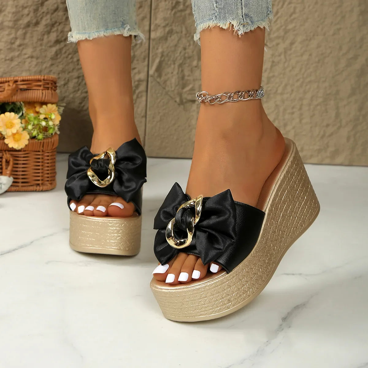 Bow Open Toe Platform Sandals - Piña Colada