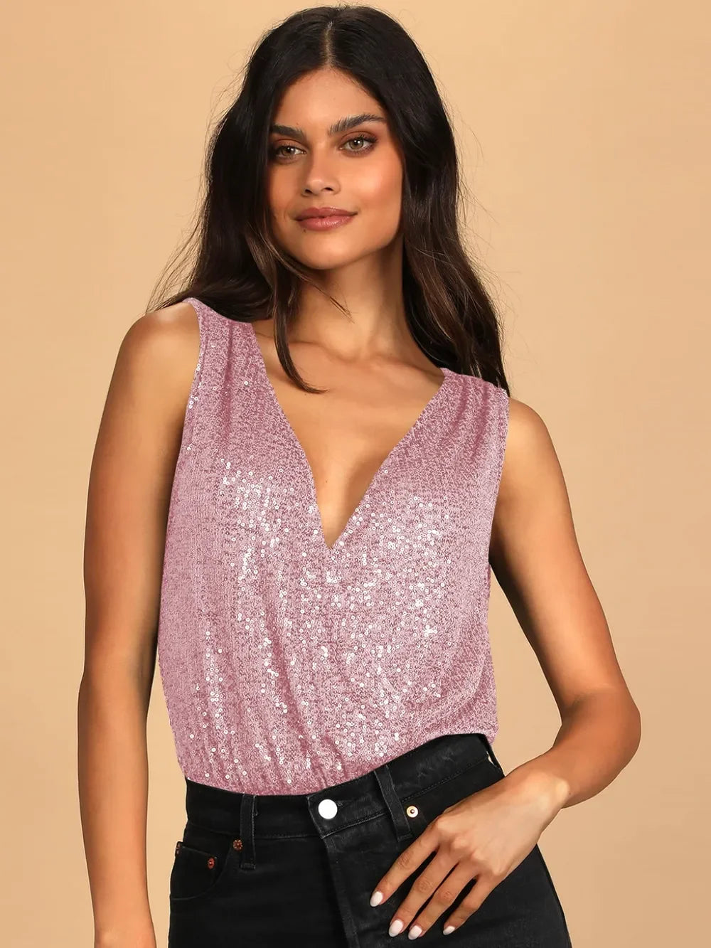 Sequin Surplice Sleeveless Bodysuit - Piña Colada