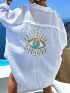 Evil Eye Embroidered Oversized Shirt - Piña Colada