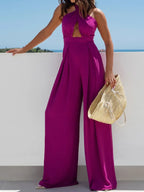 Wide Leg Cutout Halter Neck Jumpsuit - Piña Colada