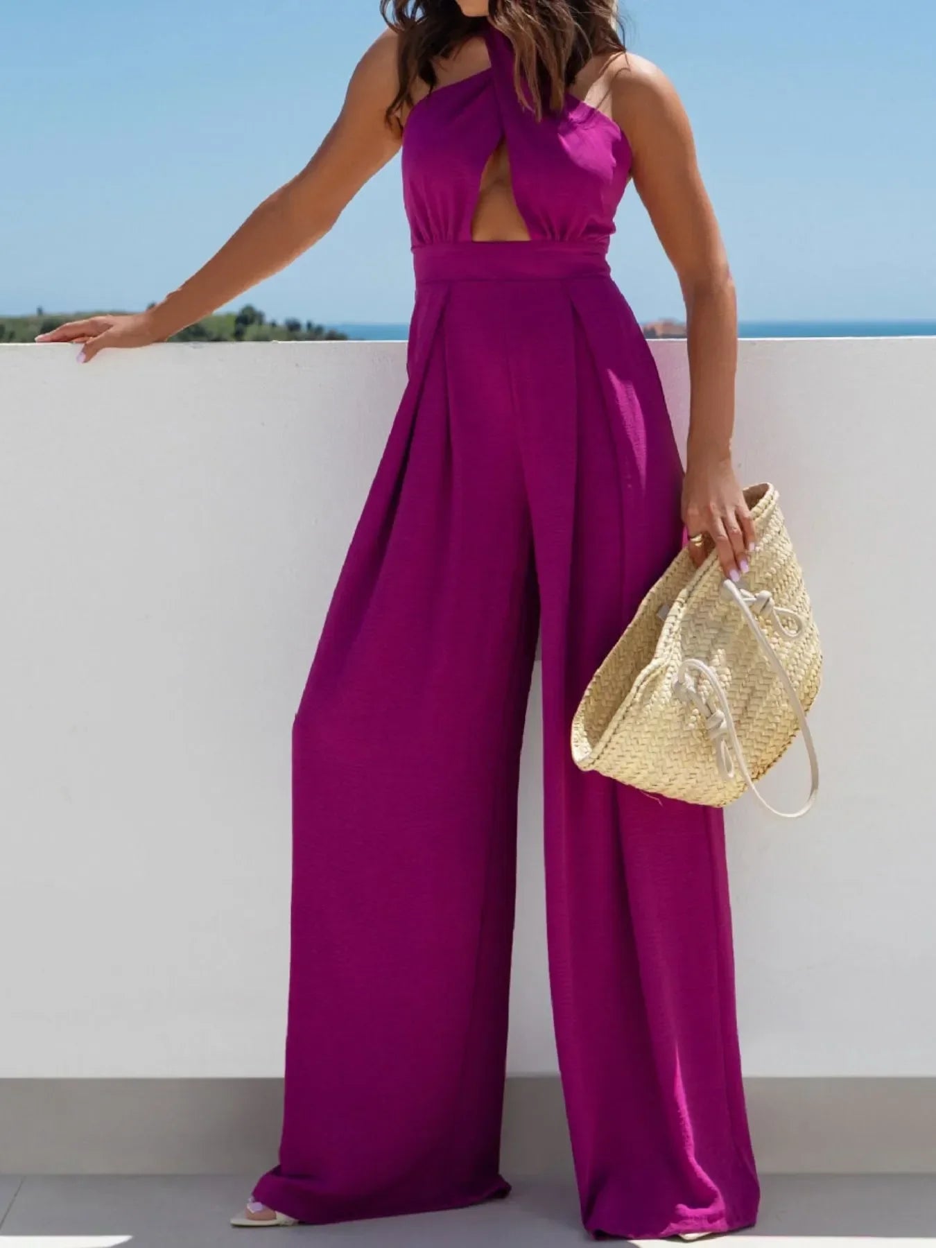 Wide Leg Cutout Halter Neck Jumpsuit - Piña Colada