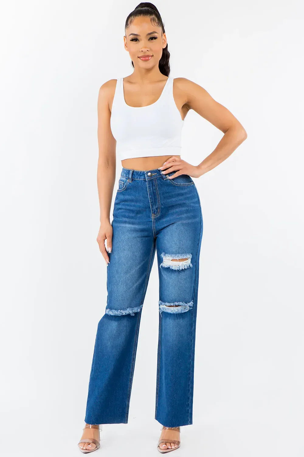 American Bazi High Waist Distressed Wide Leg Jeans - Piña Colada