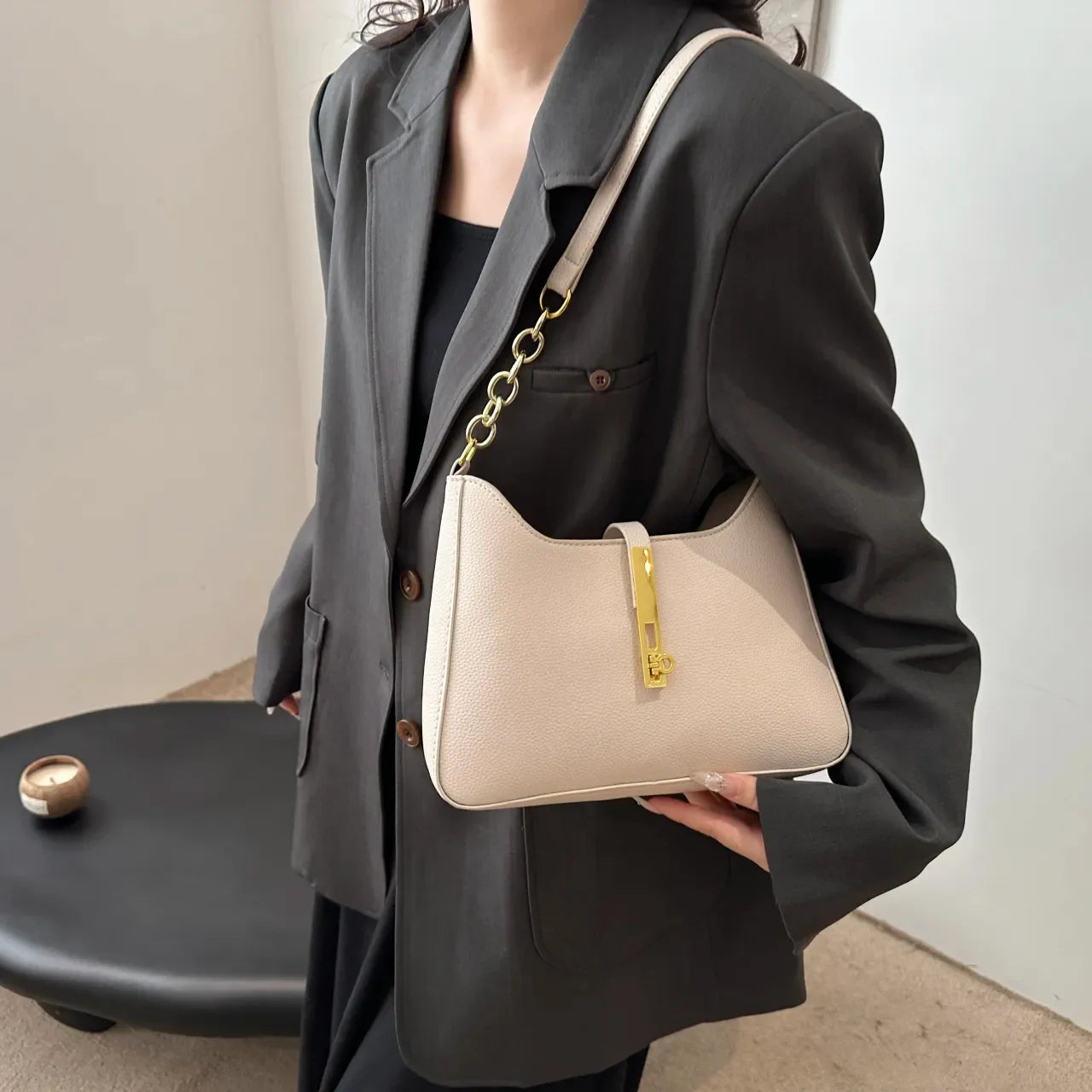 Leather Shoulder Bag with Gold Accent - Piña Colada
