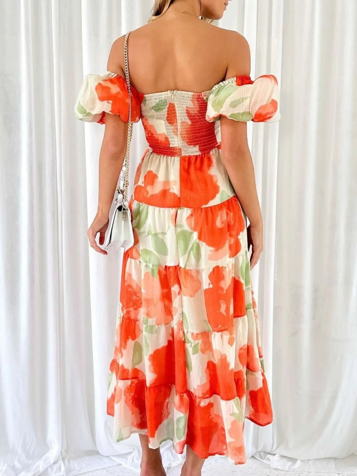 Off-Shoulder Floral Tiered Dress with Ruffle Details - Piña Colada