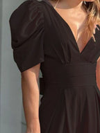 Full Size Cutout V-Neck Puff Sleeve Jumpsuit Plus Size - Piña Colada