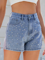 Rhinestone Washed High Waist Denim Shorts - Piña Colada