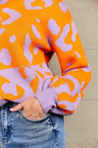 Angel Wings Woven Right Leopard Round Neck Dropped Shoulder Sweater - Piña Colada