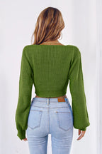 Bow V-Neck Long Sleeve Cropped Sweater - Piña Colada