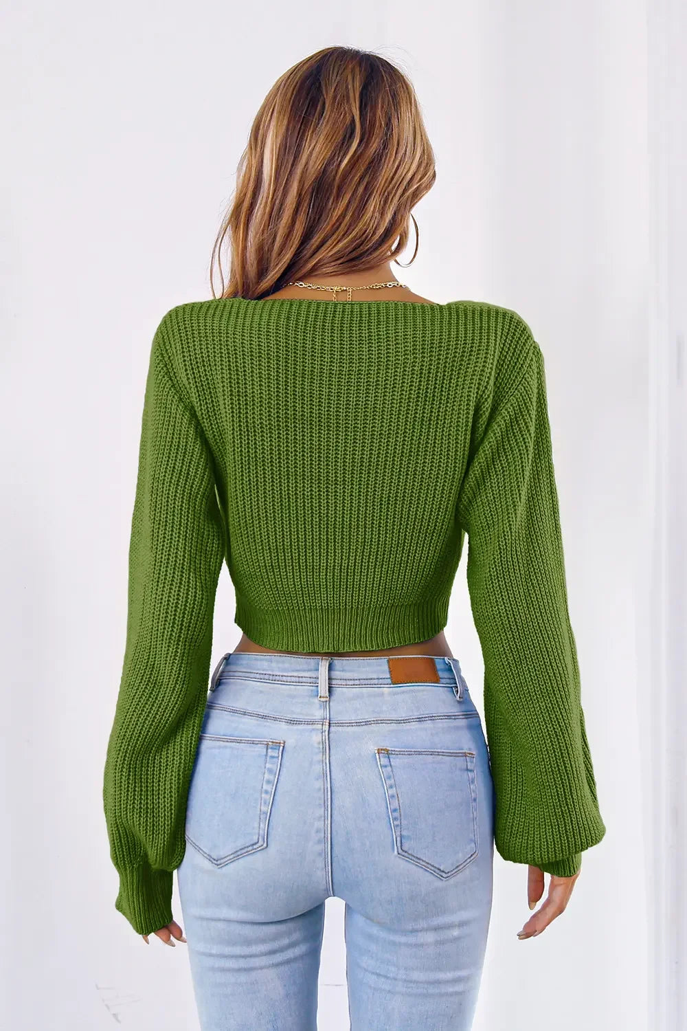 Bow V-Neck Long Sleeve Cropped Sweater - Piña Colada