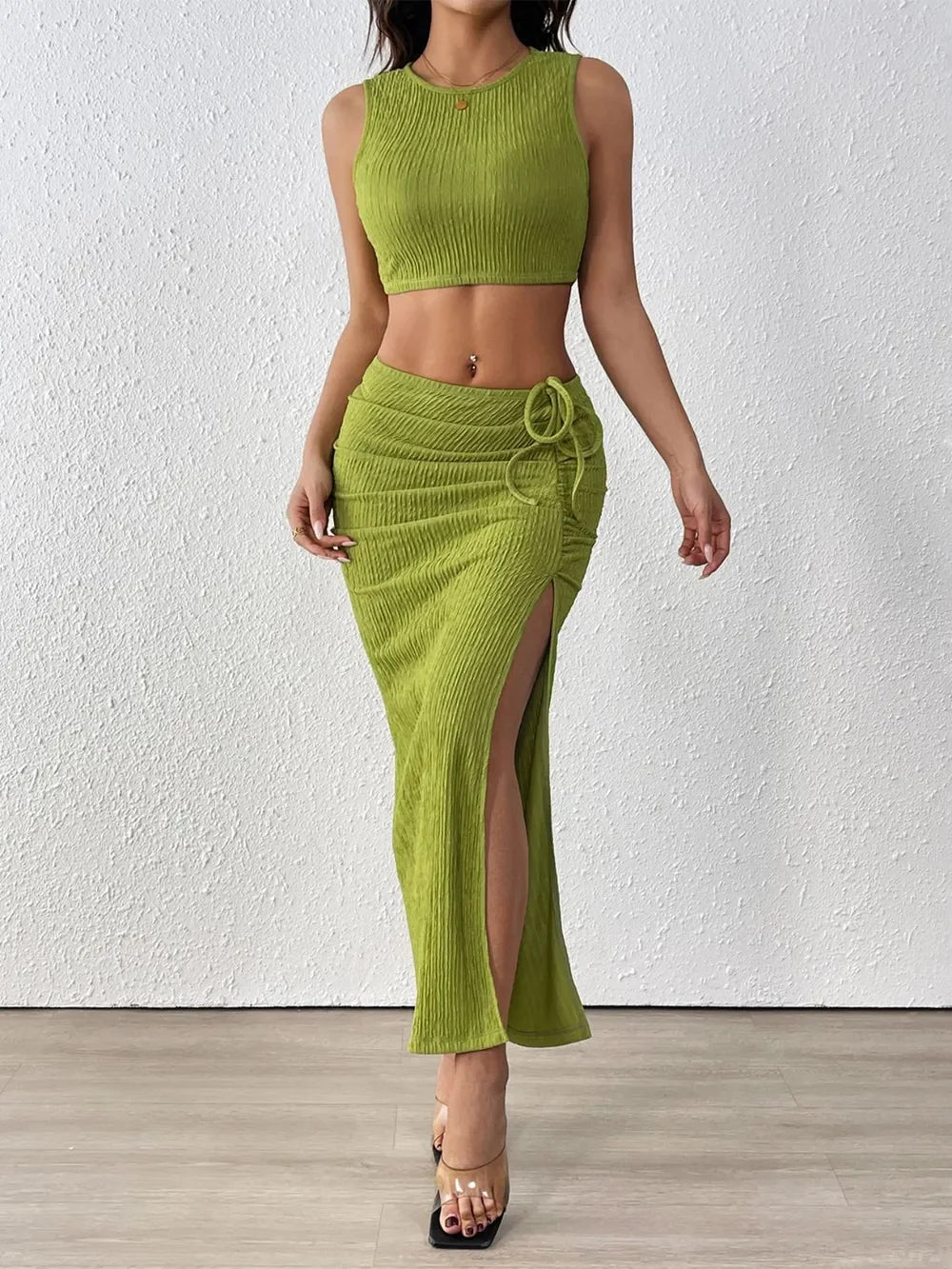 Perfee Texture Cropped Tank and Ruched Skirt Set - Piña Colada