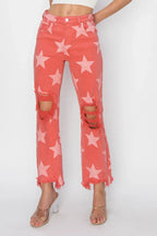 RISEN Full Size Distressed Raw Hem Star Pattern Jeans - Piña Colada