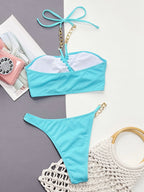 Halter Neck Chain Detail Two-Piece Bikini Set - Piña Colada