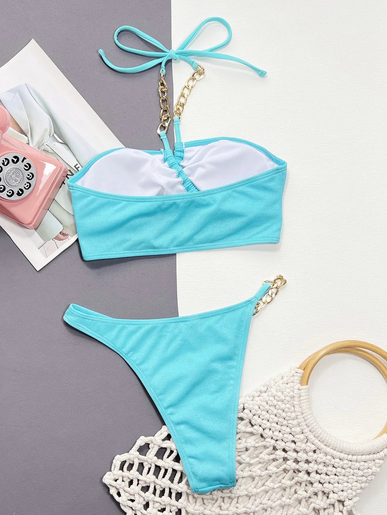 Halter Neck Chain Detail Two-Piece Bikini Set - Piña Colada