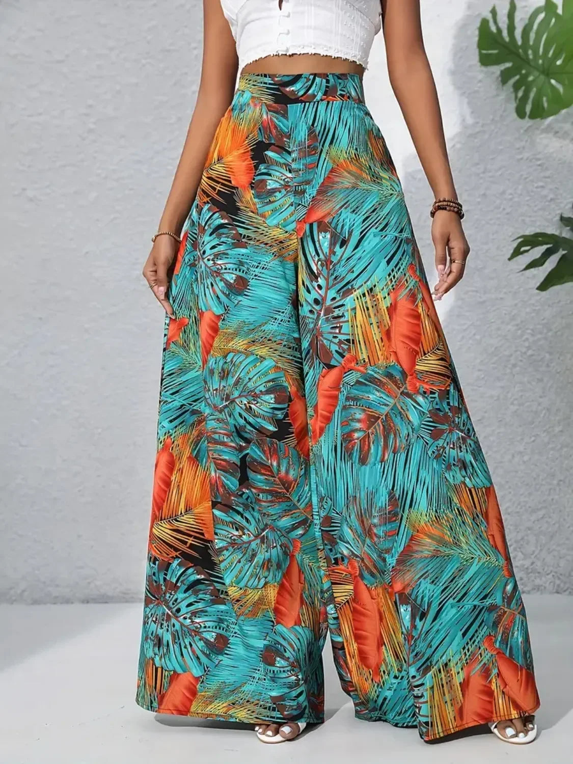 Printed High Waist Wide Leg Pants - Piña Colada