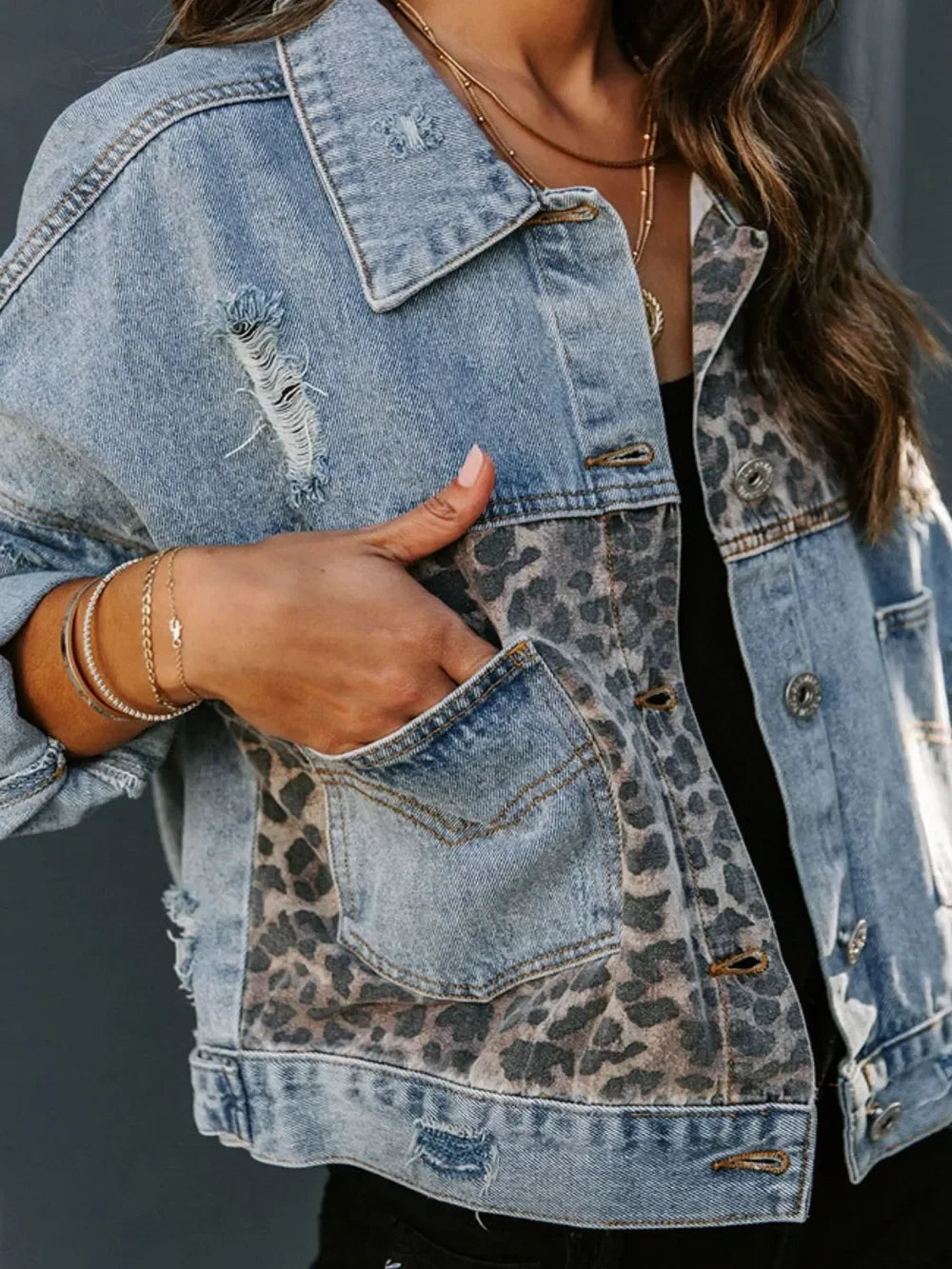 Distressed Leopard Drop Shoulder Denim Jacket - Piña Colada