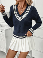 Contrast Striped V-Neck Sweater - Piña Colada