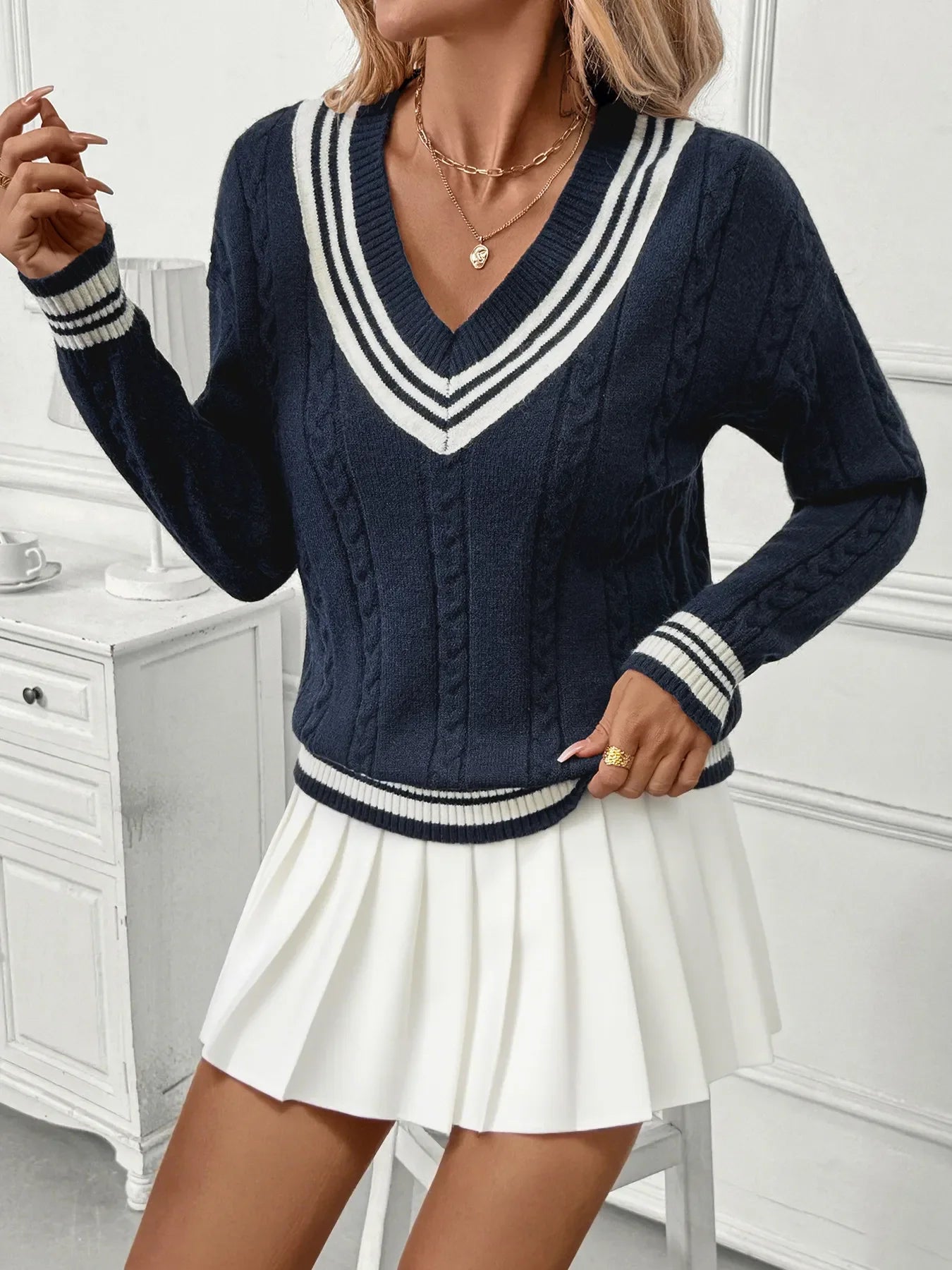 Contrast Striped V-Neck Sweater - Piña Colada