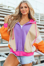 Drawstring Color Block Zip Up Long Sleeve Hoodie - Piña Colada