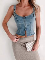 Fitted Denim Corset Tank Top with Front Zip - Piña Colada