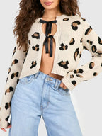 Tied Leopard Round Neck Cardigan - Piña Colada