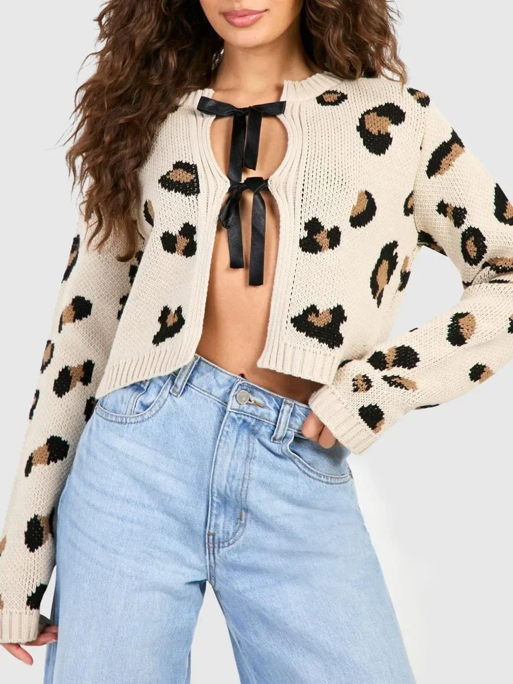Tied Leopard Round Neck Cardigan - Piña Colada