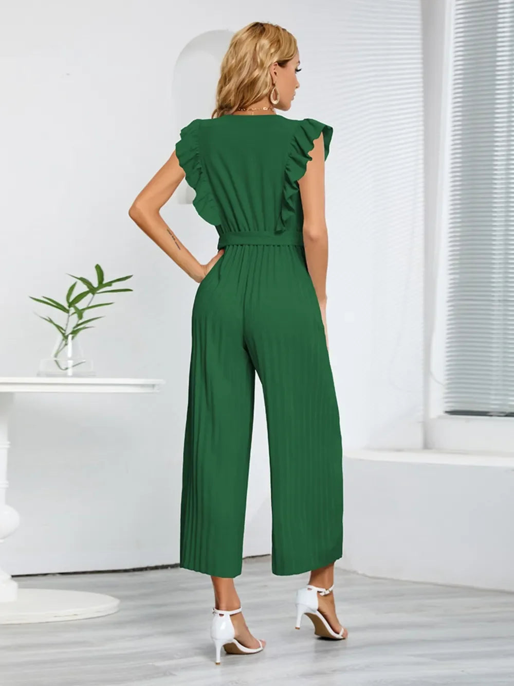 Ruffled Surplice Cap Sleeve Jumpsuit - Piña Colada