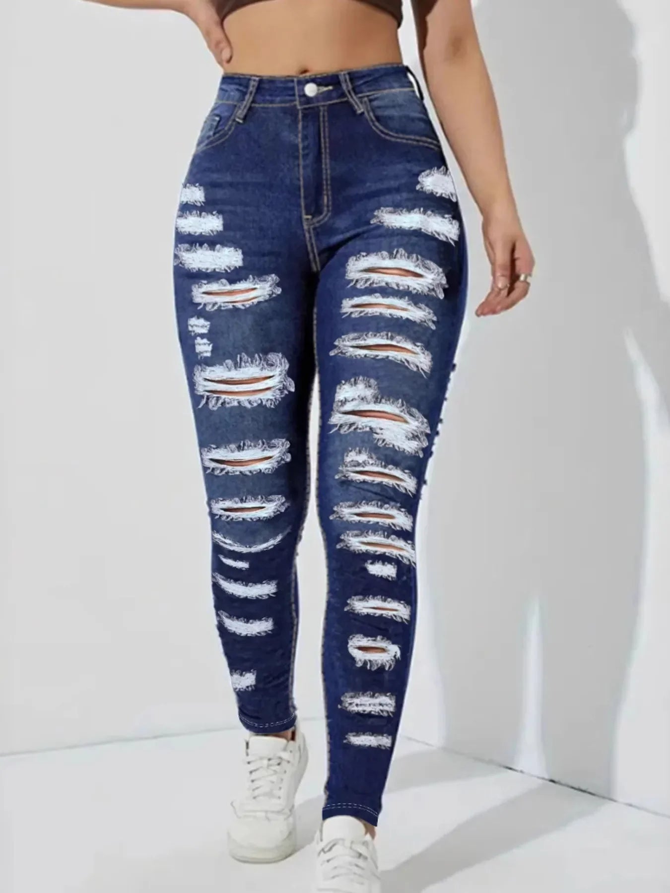 High Waisted Distressed Skinny Jeans - Piña Colada