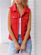 Full Size Button Down Raw Hem Sleeveless Denim Jacket Plus Size - Piña Colada