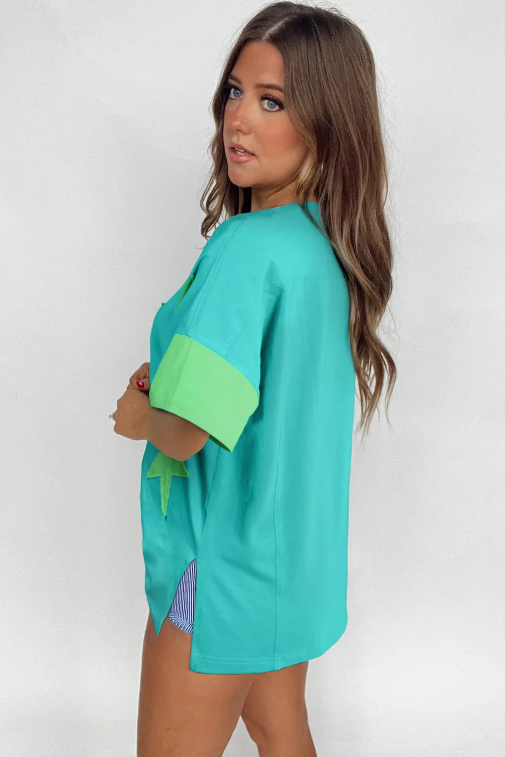Oversized Star Patch T-Shirt – Raw Hem Split Design for Women - Piña Colada