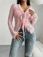 Tie Front Long Sleeve Lace Top - Piña Colada