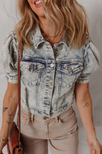 Wash Buttoned Chest Pocket Puff Sleeve Denim Jacket - Piña Colada