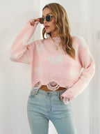 Distressed Butterfly Cropped Sweater - Piña Colada