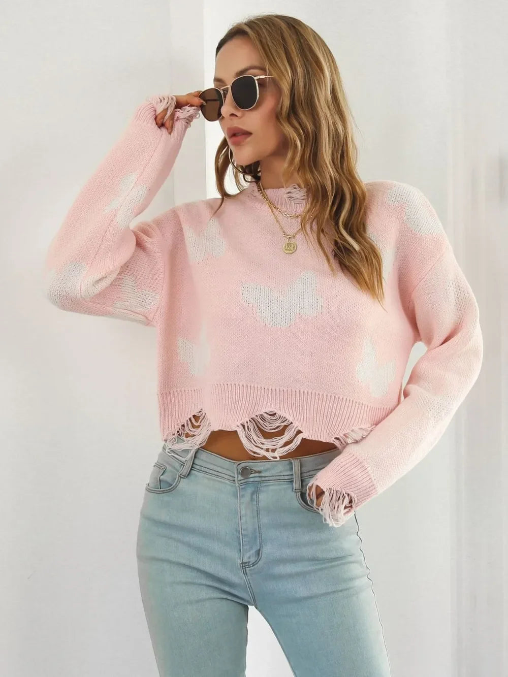 Distressed Butterfly Cropped Sweater - Piña Colada
