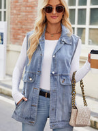 Button Up Collared Neck Denim Jacket with Pockets - Piña Colada