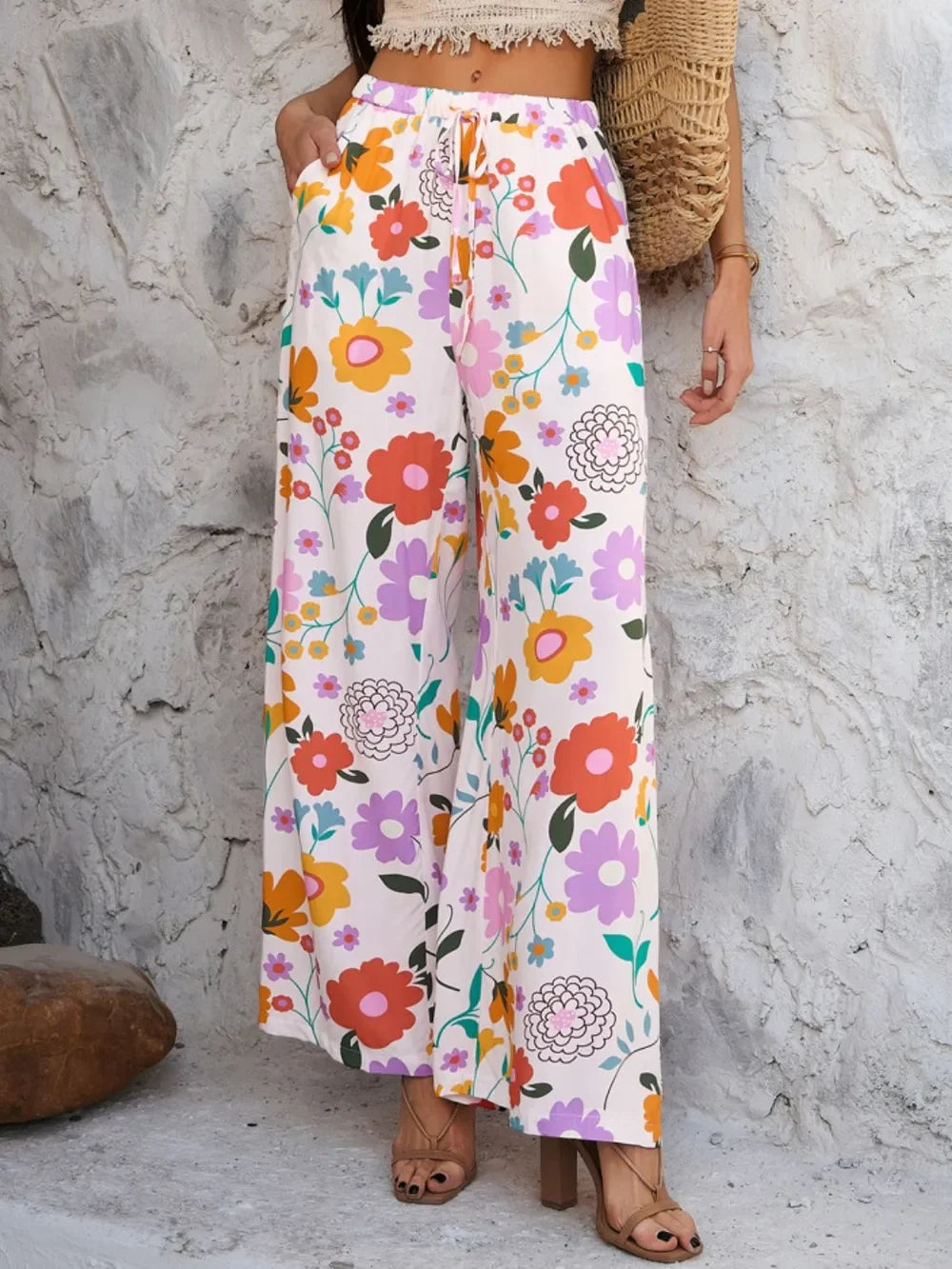 Devine Drawstring Printed Wide Leg Pants - Piña Colada