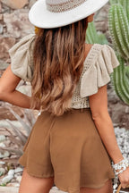 Openwork Ruffled Scoop Neck Knit Top - Piña Colada