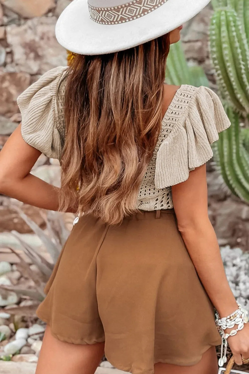 Openwork Ruffled Scoop Neck Knit Top - Piña Colada