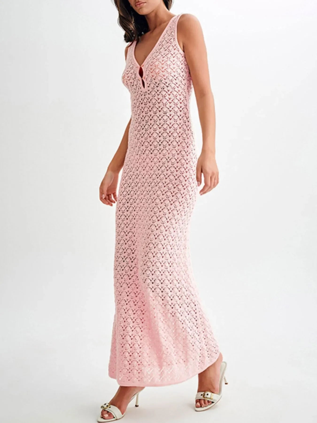Lace Crochet V-Neck Sleeveless Maxi Dress - Piña Colada