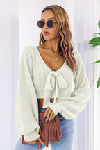 Bow V-Neck Long Sleeve Cropped Sweater - Piña Colada