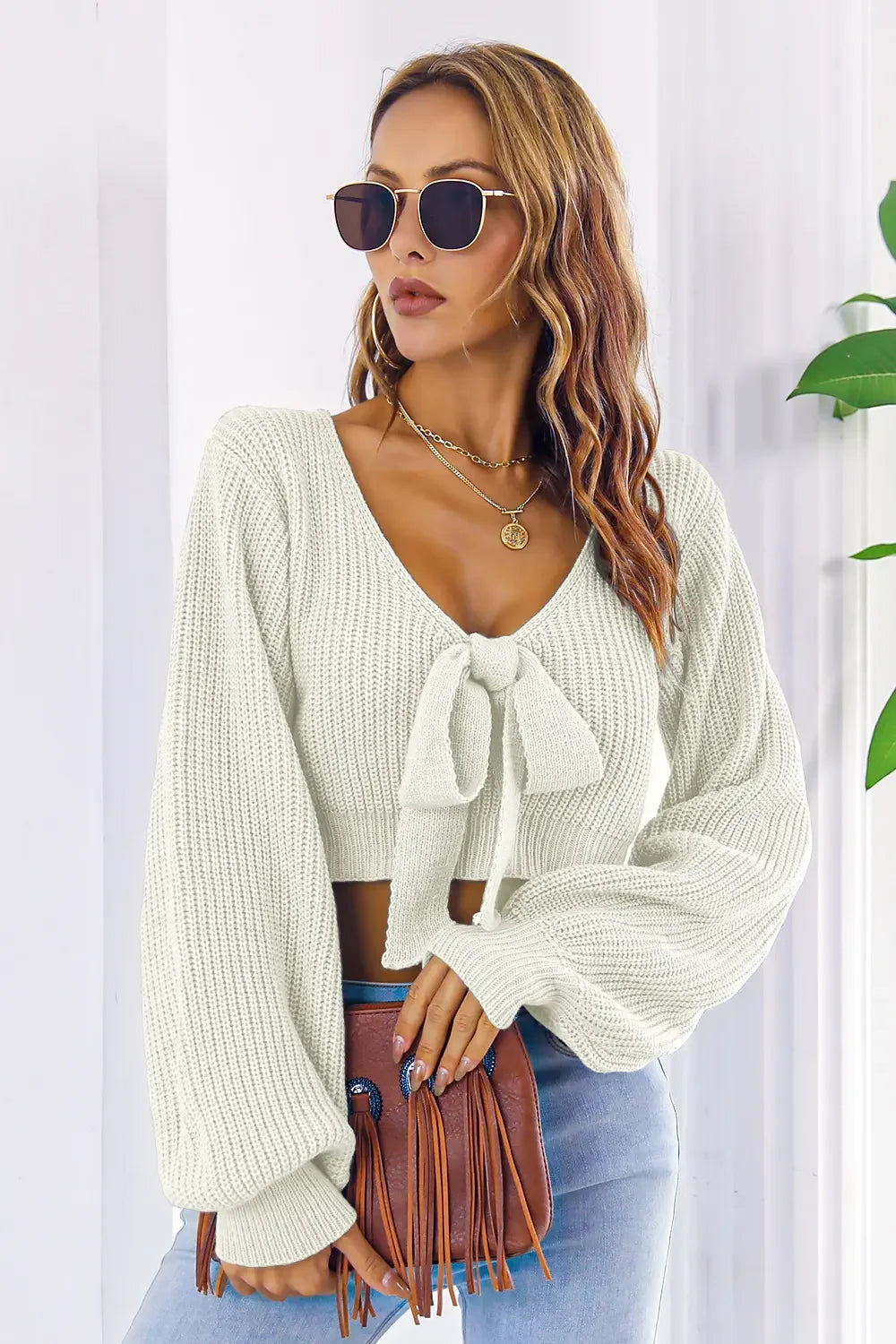 Bow V-Neck Long Sleeve Cropped Sweater - Piña Colada