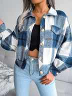 Plaid Collared Neck Long Sleeve Jacket - Piña Colada