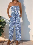 Perfee Smocked Tube Wide Leg Jumpsuit - Piña Colada