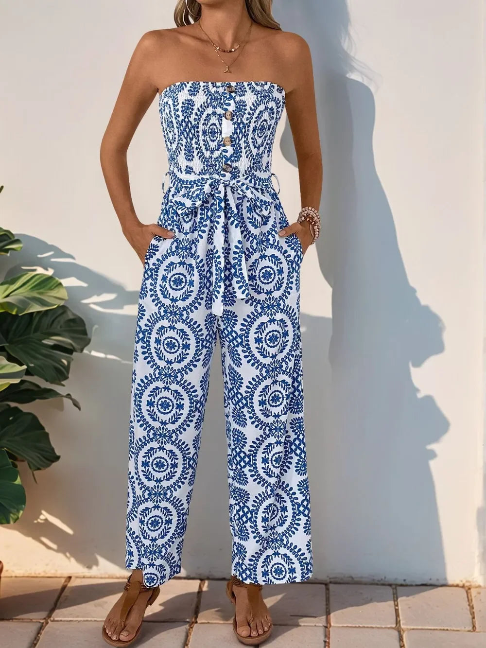 Perfee Smocked Tube Wide Leg Jumpsuit - Piña Colada