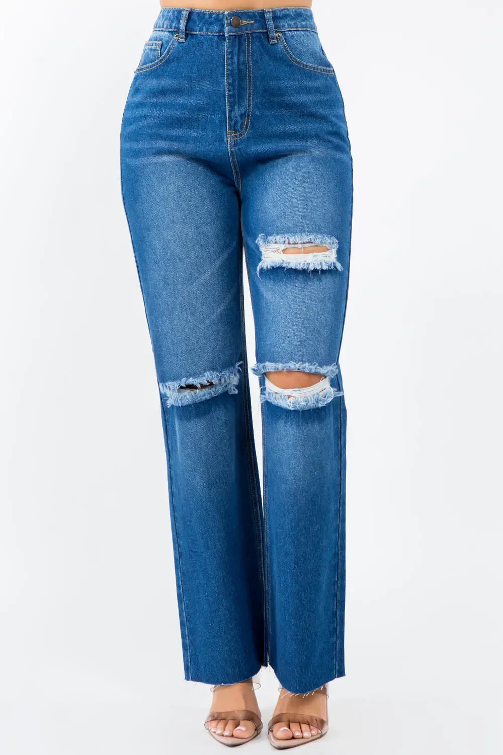 American Bazi High Waist Distressed Wide Leg Jeans - Piña Colada