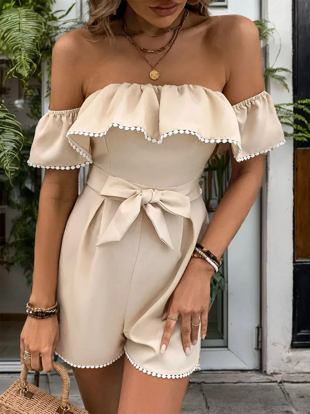 Perfee Tied Ruffled Off-Shoulder Short Sleeve Romper - Piña Colada