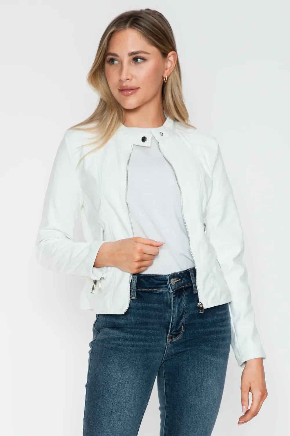 Snobbish PU Leather Zip Up Jacket with Pockets - Piña Colada