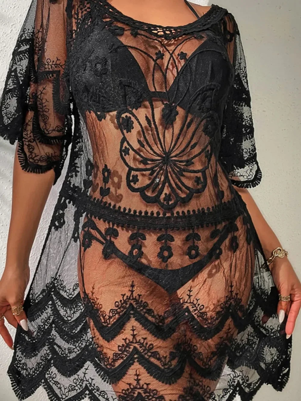 Lace Round Neck Half Sleeve Cover-Up - Piña Colada