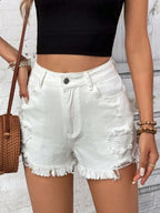 Distressed Raw Hem High Rise Denim Shorts - Piña Colada