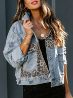Distressed Leopard Drop Shoulder Denim Jacket - Piña Colada