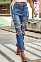 Distressed High Waist Straight Jeans - Piña Colada